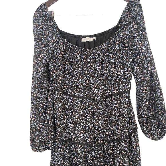 Floret Studios Juliet Floral Long Sleeve Tiered Black Blue Midi Dress Size S - Picture 3 of 6
